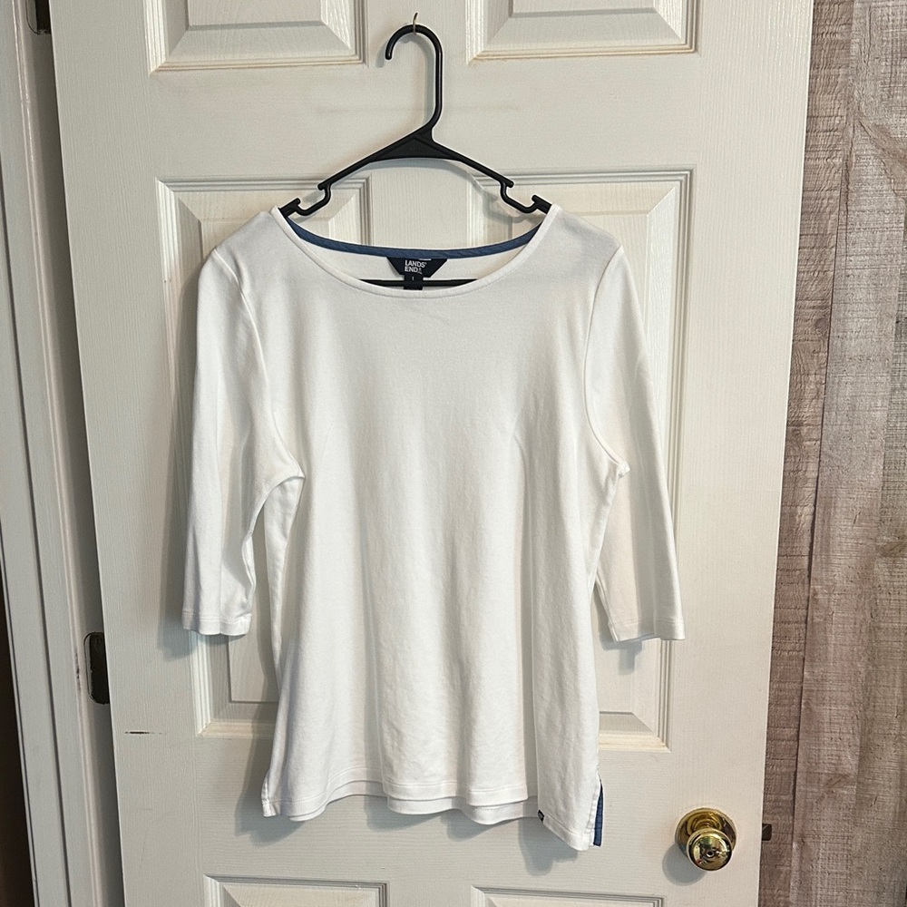 Lands' End White Boatneck 3/4 Sleeve Tee